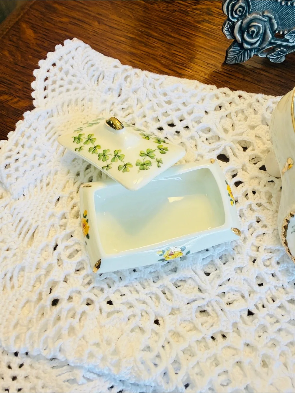Vintage Porcelain Shoe Trio-English Trinket Box-Crochet Runner Bundle